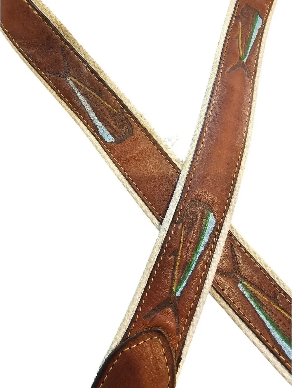 Vintage Mens Sz 44 Leather and Canvas Belt Fish Whale Embossed